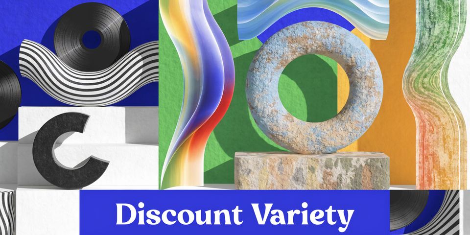 A vibrant 3D abstract graphic featuring geometric shapes, colorful textures, and the text Discount Variety.