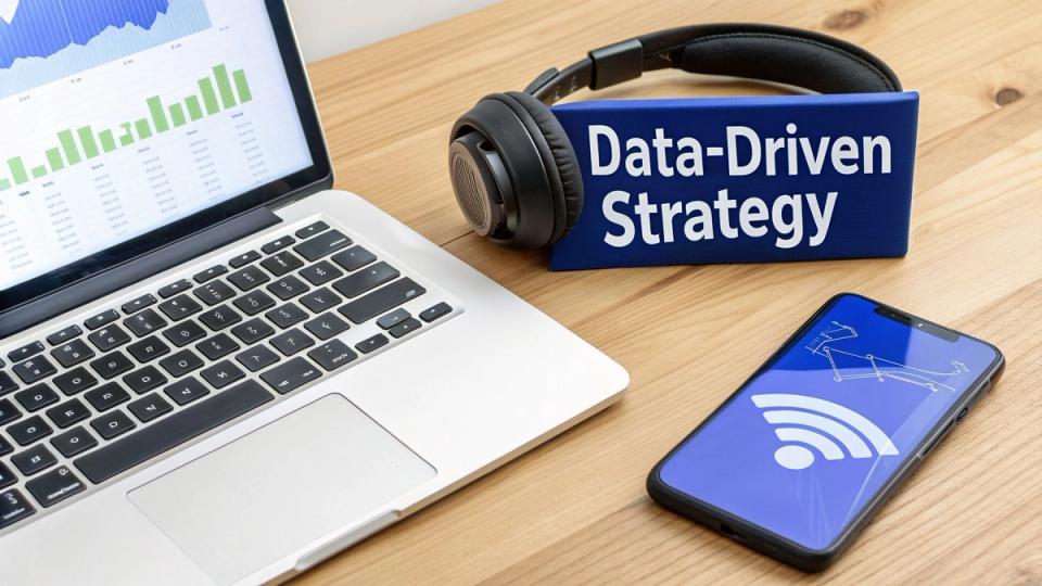 A laptop showing data graphs, headphones, a blue sign saying 'Data-Driven Strategy', and a smartphone with a Wi-Fi symbol on a wooden desk.