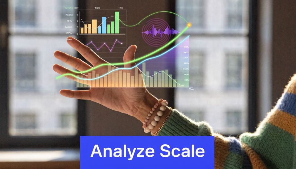 A person gesturing towards a digital holographic display showing financial growth charts and analytical data.