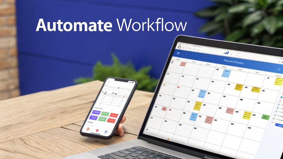 Laptop and smartphone displaying workflow automation tools on a wooden table.