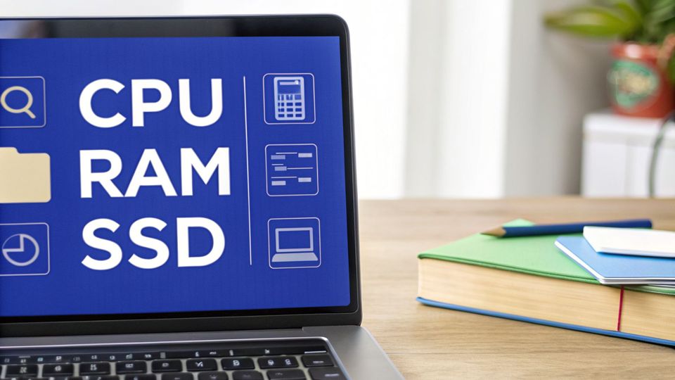 A laptop screen displaying 'CPU RAM SSD' with related icons on a blue background, next to books on a wooden desk.
