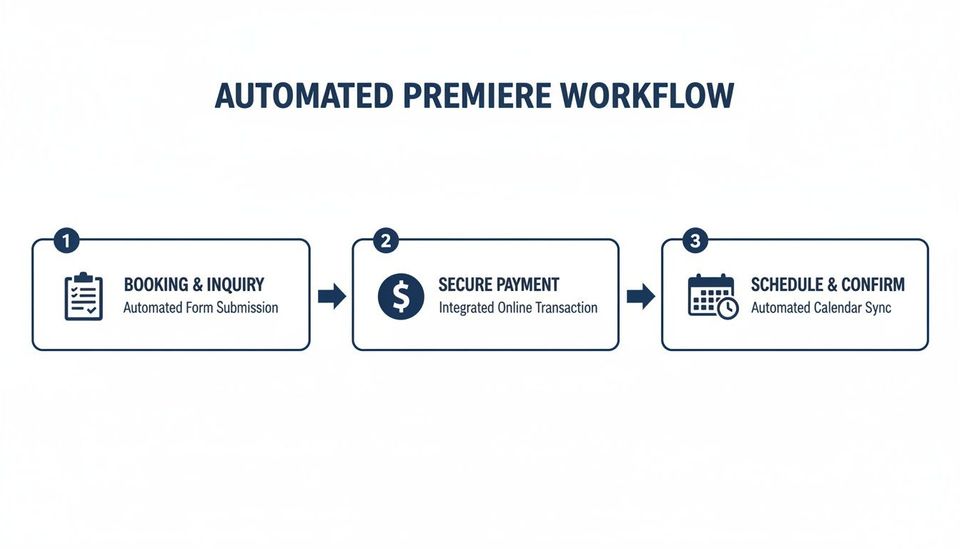 An infographic illustrating a three-step automated premiere workflow for booking, payment, and scheduling.