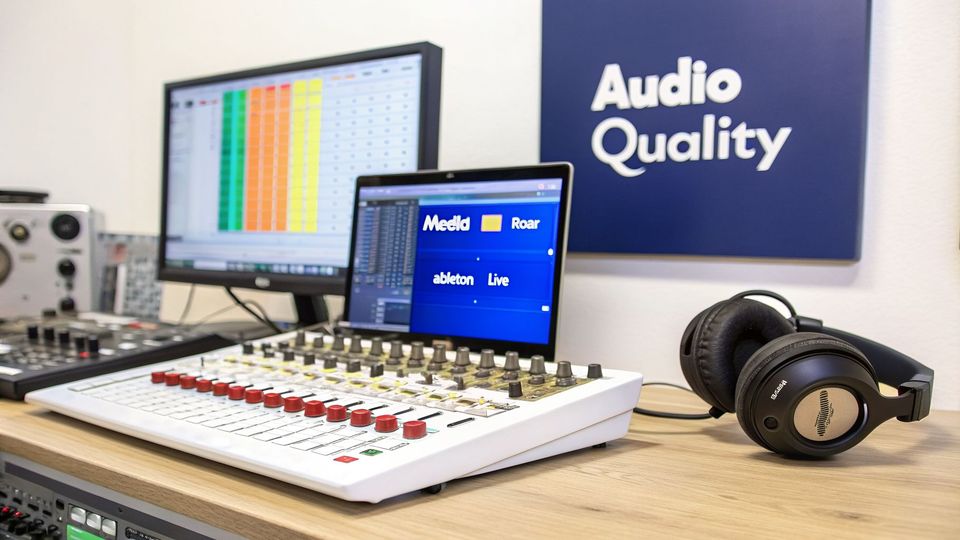 An audio production workstation featuring a laptop with Ableton Live, a mixer, and headphones.