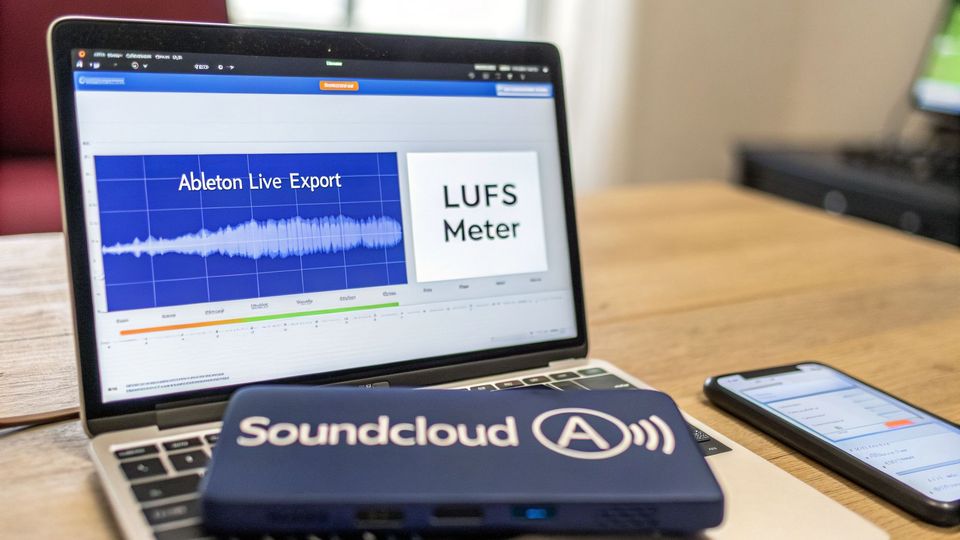 Laptop displaying Ableton Live Export with LUFS Meter, a Soundcloud charger, and a smartphone on a wooden table.