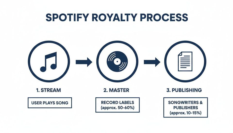 A diagram illustrates the Spotify royalty process, showing payments from streams to record labels, songwriters, and publishers.