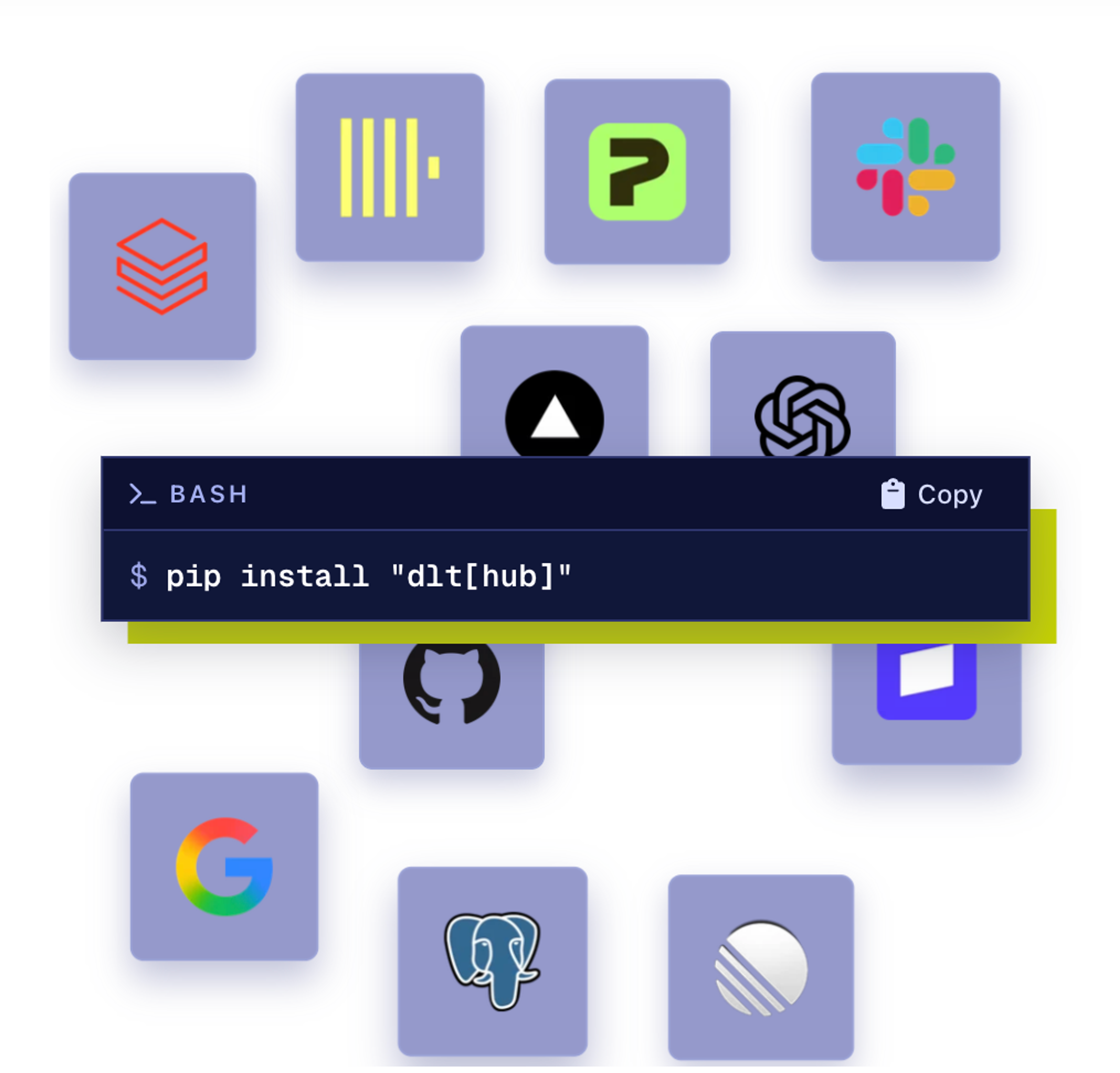 An image with the command "pip install "dlt[hub]" in the middle, and logos of REST API sources around it