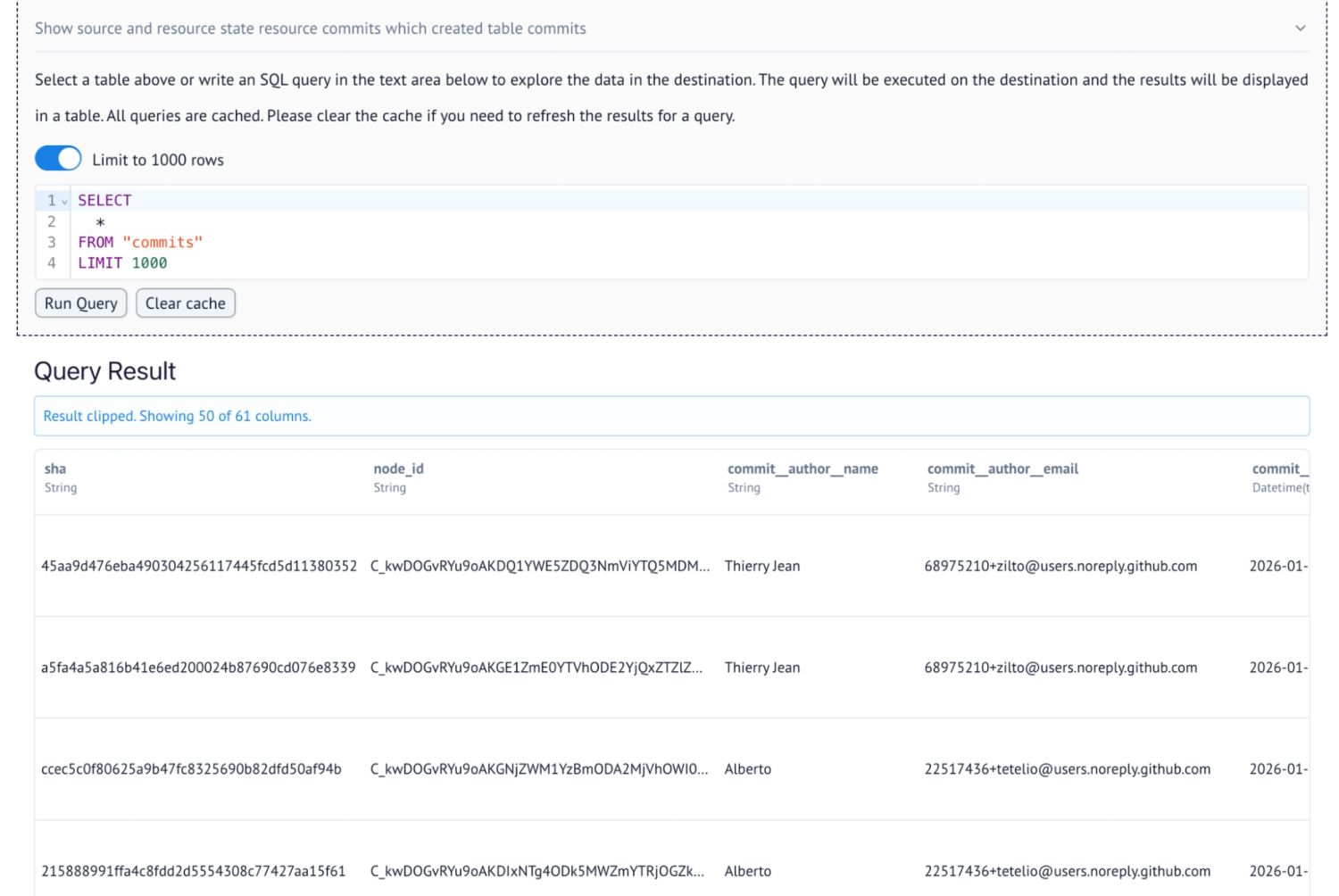 dltHub Pro local DuckDB workspace showing SQL query interface and result panel with commits table data