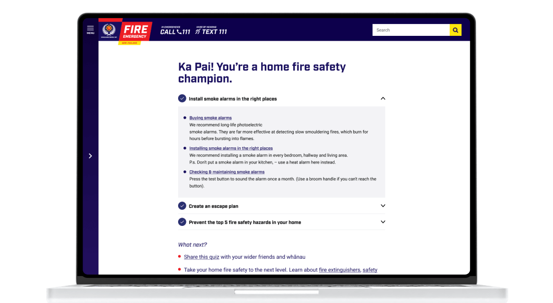 A laptop depicting Fire and Emergency NZ's Home Fire Safety Triage online tool