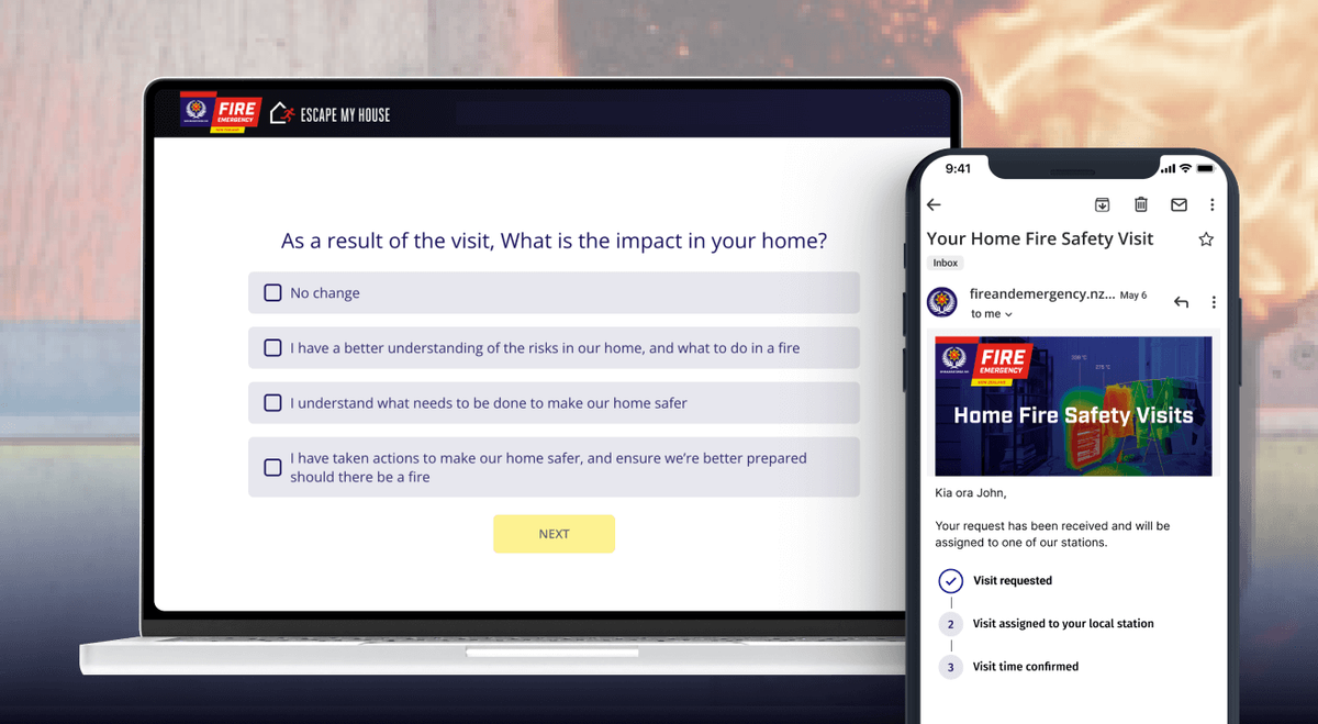 A laptop and phone depicting the Home Fire Safety Visit website