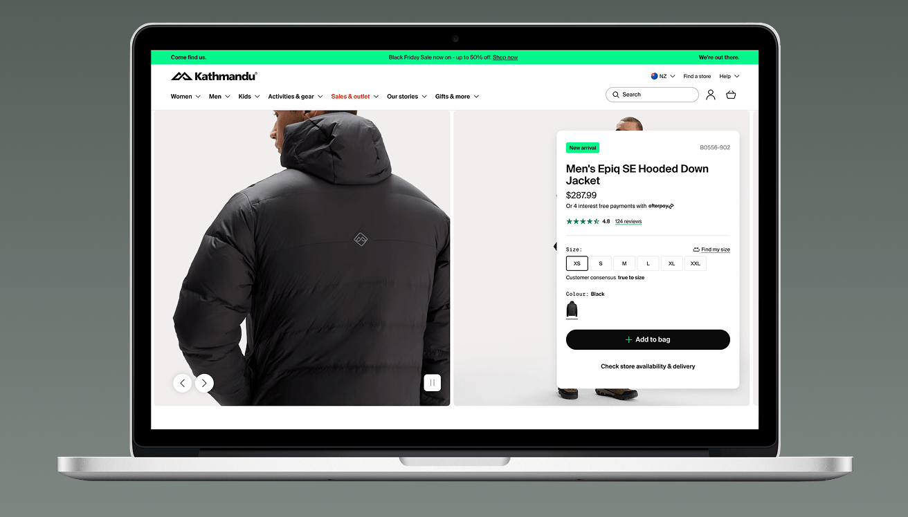 A laptop mock up showing the product description page of the Kathmandu website
