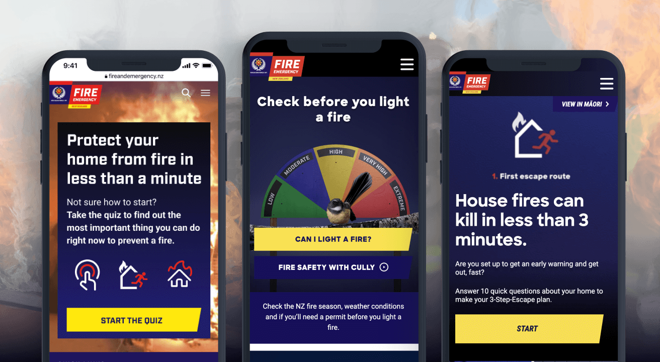 Mobile devices showcasing Fire and Emergency NZ's Check its Alright online tool
