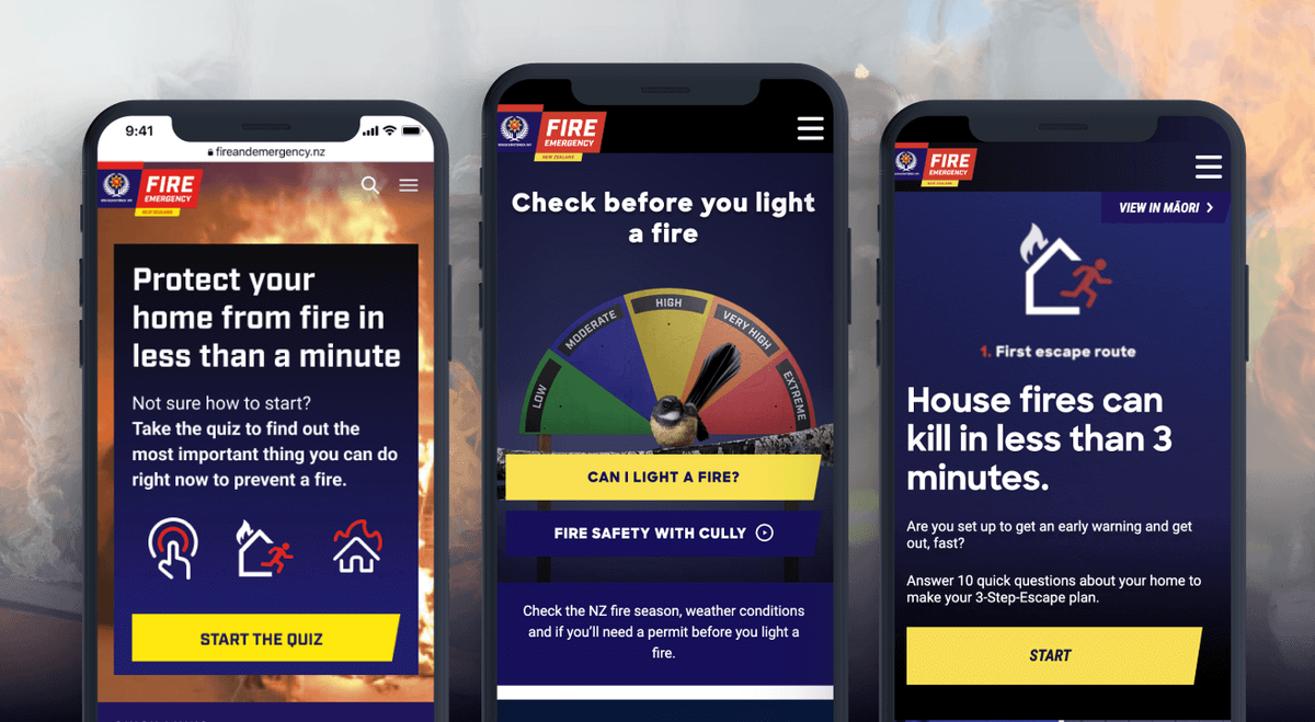 Mobile devices showcasing Fire and Emergency NZ's Check its Alright online tool