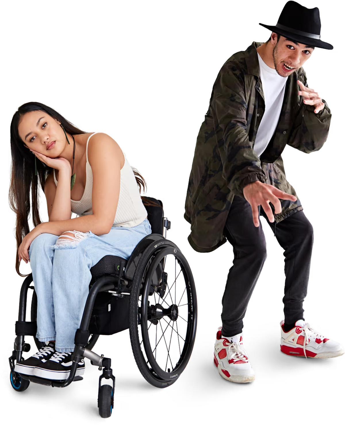 Young woman in wheelchair and young man standing next to her