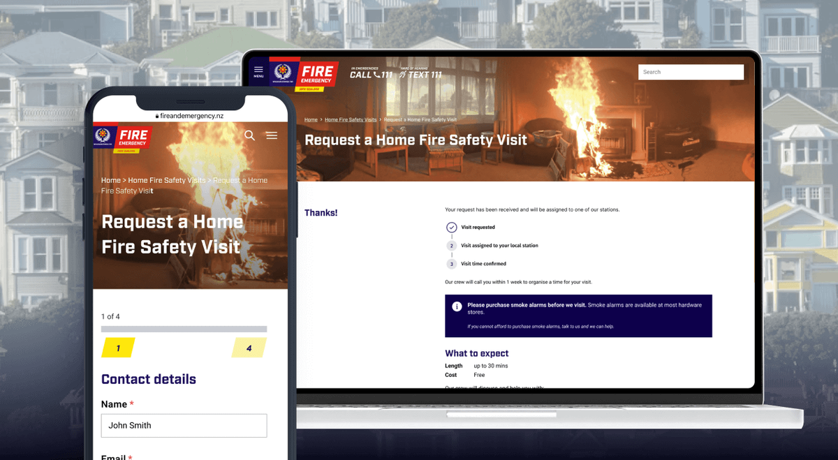 A laptop and mobile phone depicting the Home Fire Safety Visit website