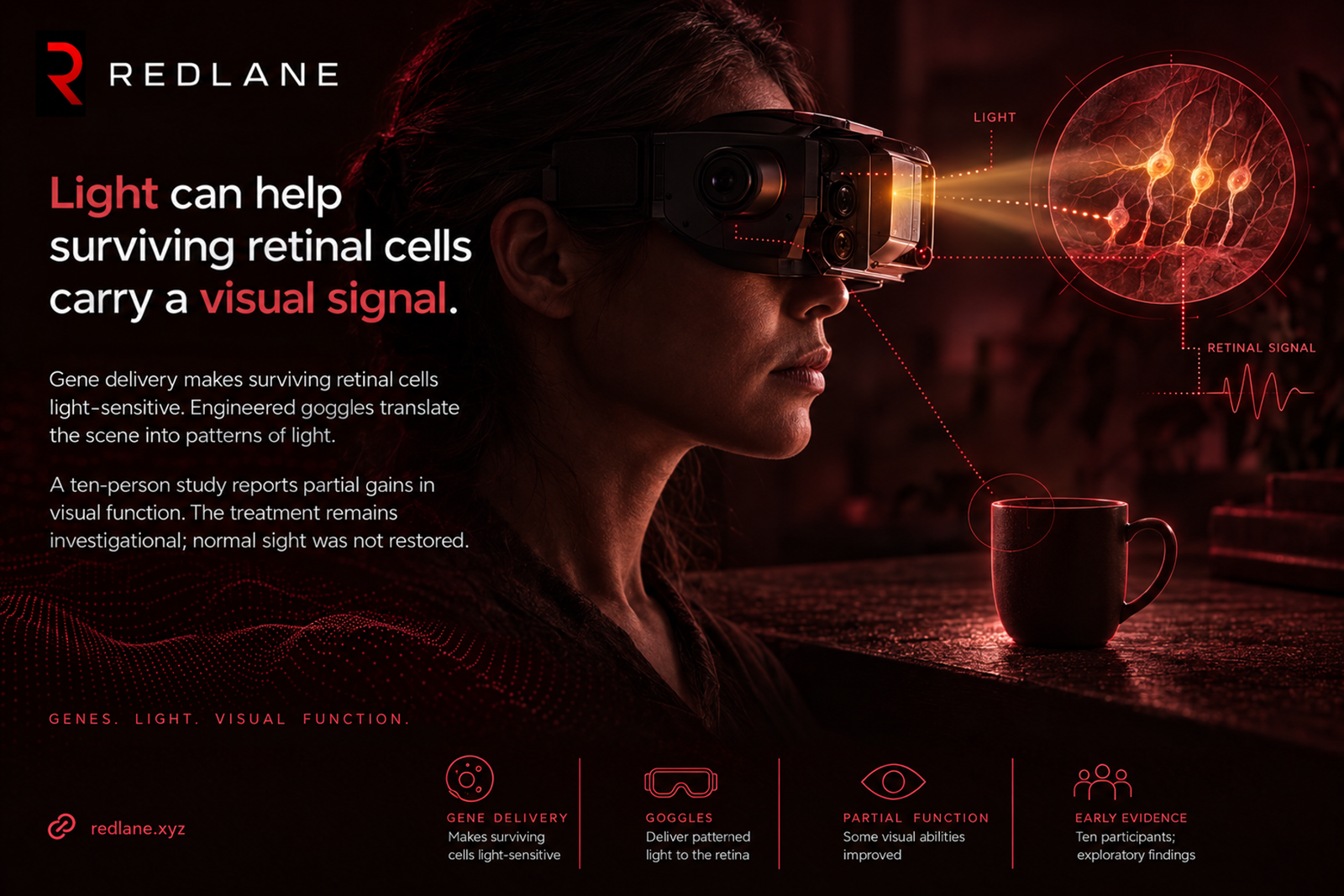 REDLANE illustration of engineered goggles delivering patterned light to light-sensitive surviving retinal cells.