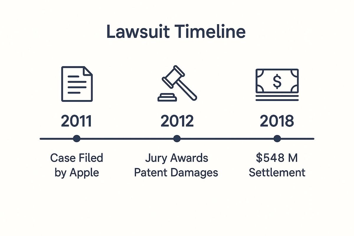 Infographic showing a timeline of the Apple vs. Samsung case with three milestones: 2011 (Case Filed), 2012 (Jury Awards Damages), and 2018 ($548M Settlement).