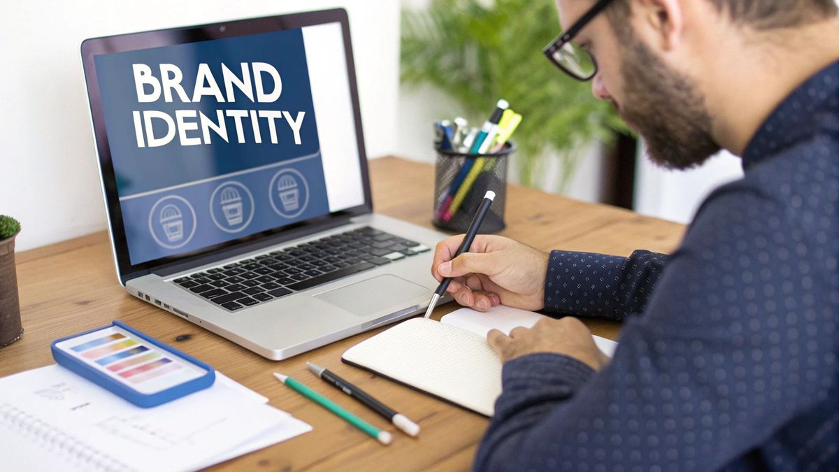 A graphic illustrating the core components of brand identity. It features a central circle labeled
