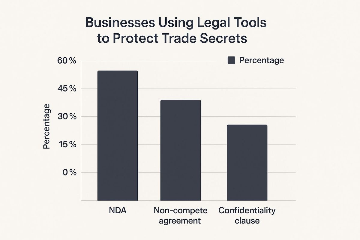 Infographic bar chart comparing business use of NDAs (60%), non-compete agreements (45%), and confidentiality clauses (30%) to protect trade secrets.