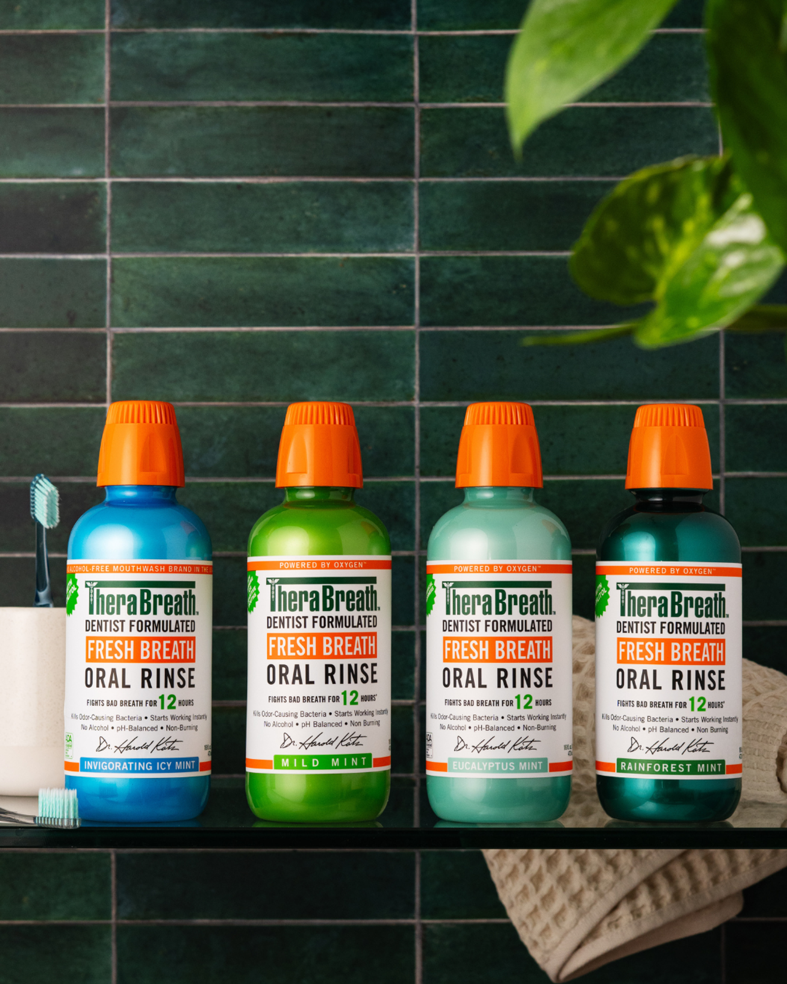 Photo of TheraBreath products in front of tiles