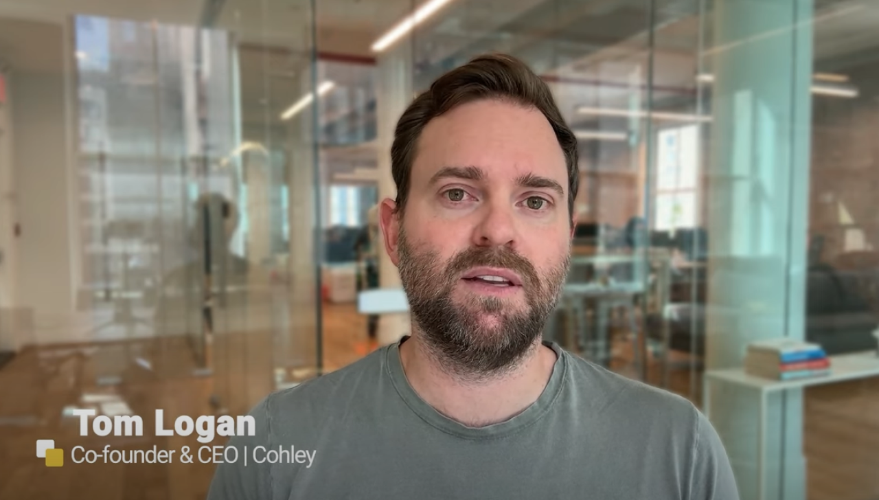 Tom Logan, Cohley co-founder and CEO, speaking to camera in an office