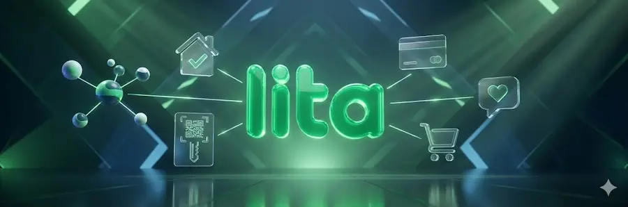 Colección de pantallas de la App Lita mostrando el muro social, el marketplace interno y el panel de control de accesos y finanzas.
