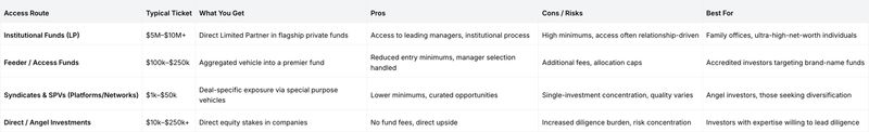 Comparison table of private market access routes showing Institutional LP funds, feeder funds, syndicates/SPVs, and direct angel investments, including typical minimum investment sizes, benefits, risks, and investor suitability.
