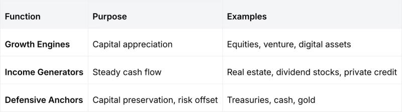 Functional portfolio allocation table showing three core investment roles: Growth Engines (capital appreciation via equities, venture capital, and digital assets), Income Generators (steady cash flow from real estate, dividend stocks, and private credit), and Defensive Anchors (capital preservation through Treasuries, cash, and gold) within a modern diversified portfolio framework.