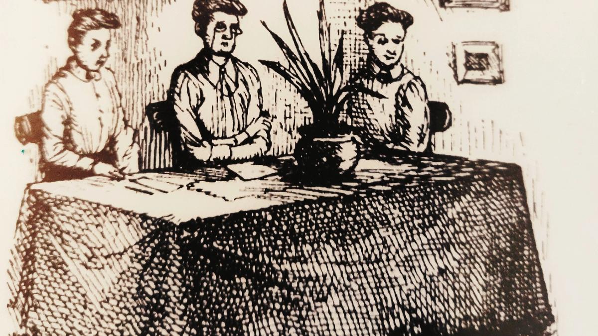 Illustration detail by J.S. Goodall showing 3 ladies sat at a table.