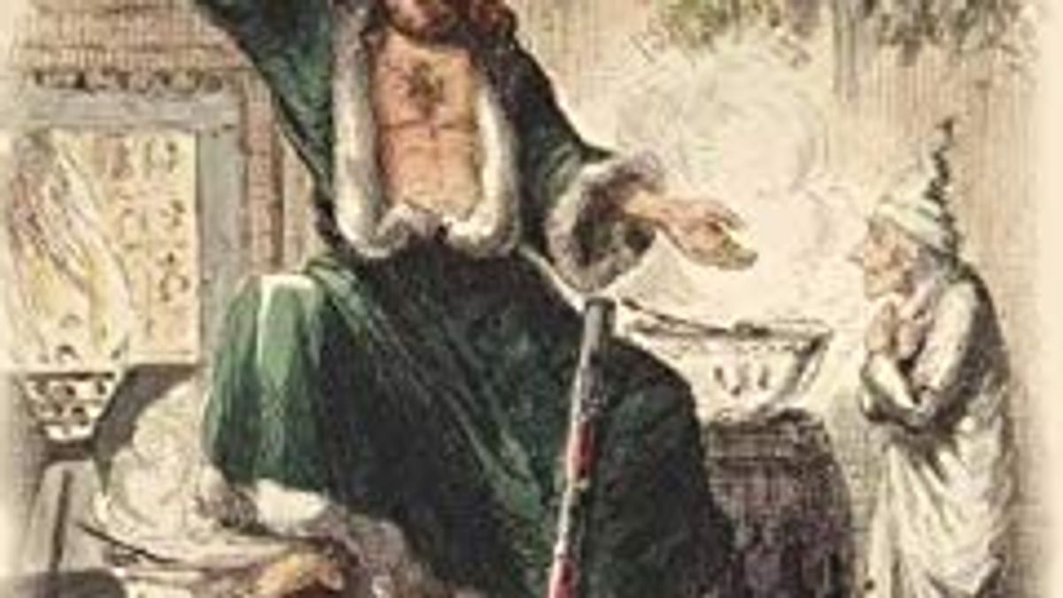 Photo Detail of A Christmas Carol by Charles Dickens showing Ebeneezer Scrooge meeting the Ghost of Christmas Present