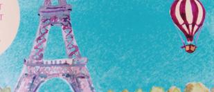 Cover detail from One Summer in Paris by Sarah Morgan showing a watercolour of the Eiffel Tower and 8 trees