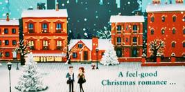Cover Detail from Christmas at the Little Knitting Box by Helen J. Rolfe showing 2 people walking in a snowy town scene