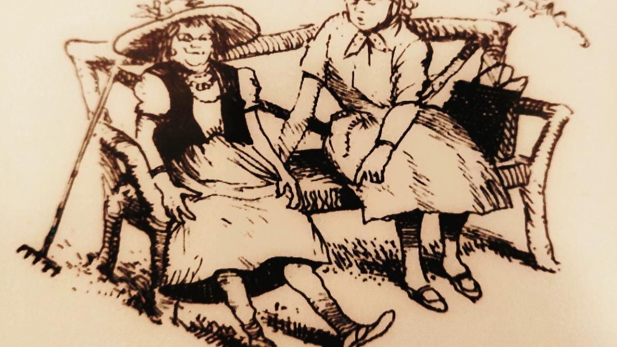 illustration by J.S. Goodall showing 2 friends sat on a garden bench