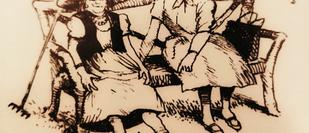 illustration by J.S. Goodall showing 2 friends sat on a garden bench