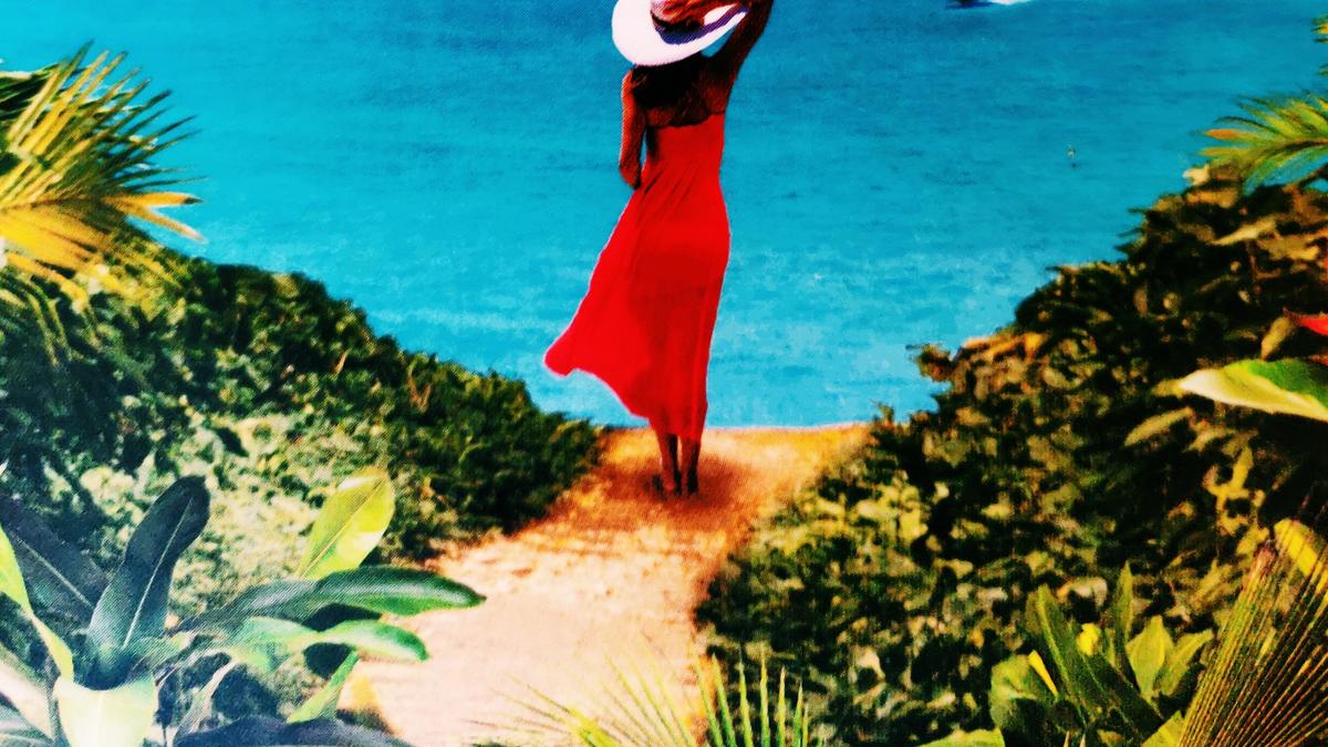 Cover detail of The Secret Path by Karen Swan showing a woman in a red dress, her back to us, looking at a beach