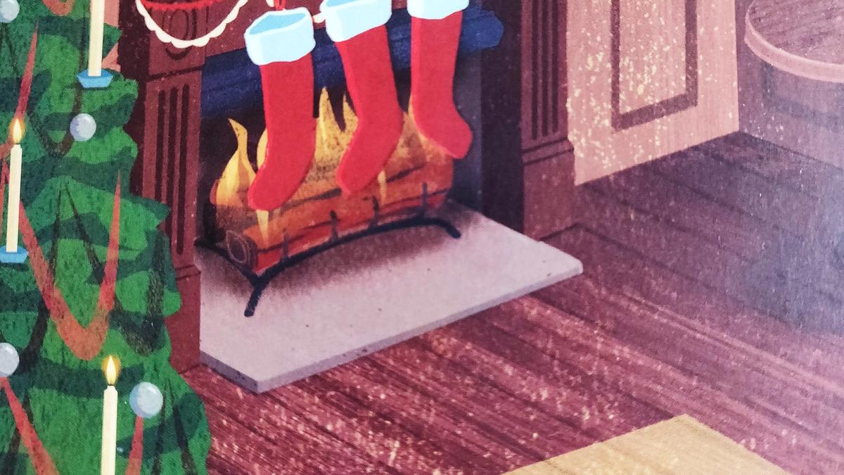 Cover detail from Silent Nights edited by Martin Edwards showing. shadow falling on a fireplace rug
