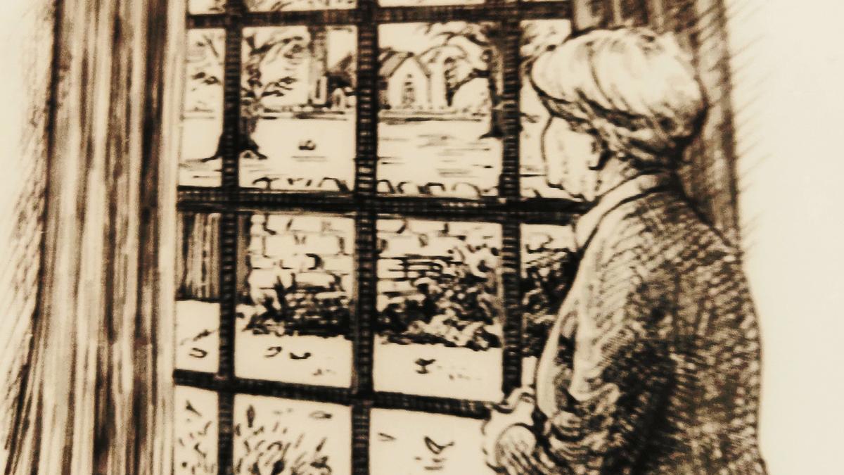 Illustration taken from Christmas at Thrush Green. by Miss Read showing a woman at the window.