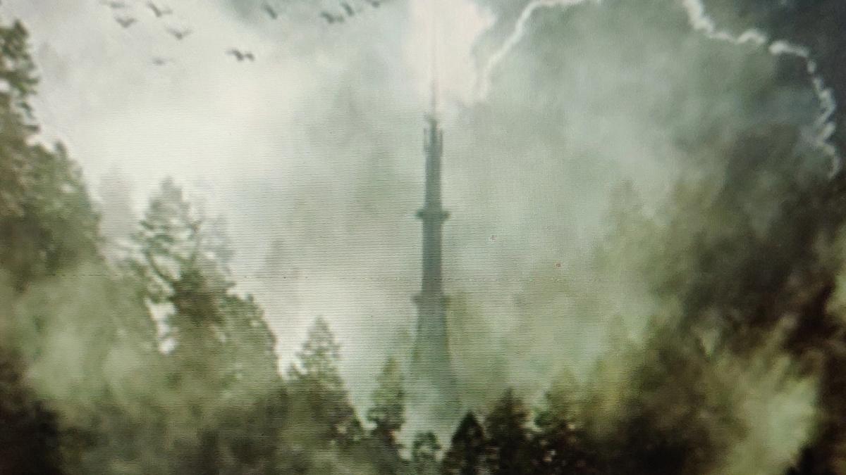 Cover detail of Ungodly by Braedon Riddick showing a watercolour of a tower in the mist struck by lightning