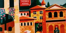 Cover detail of Chasing the Italian Dream by Jo Thomas showing a painting of an Italian street and Pizzeria