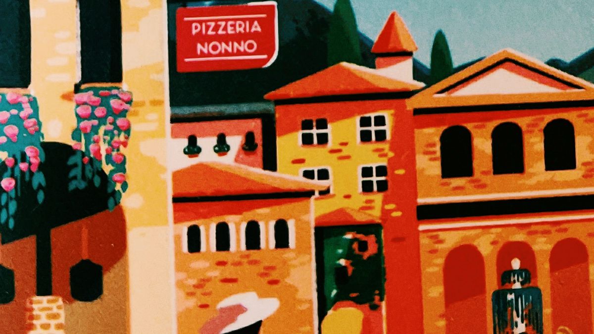 Cover detail of Chasing the Italian Dream by Jo Thomas showing a painting of an Italian street and Pizzeria