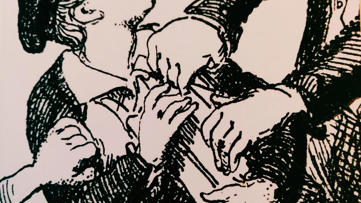 Cover detail of Oliver Twist by Charles Dickens showing a pencil drawing of a boy being grabbed by thieves