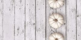 Photo by Robert Zunikoff on Unsplash showing 4 white pumpkins on a wooden floor
