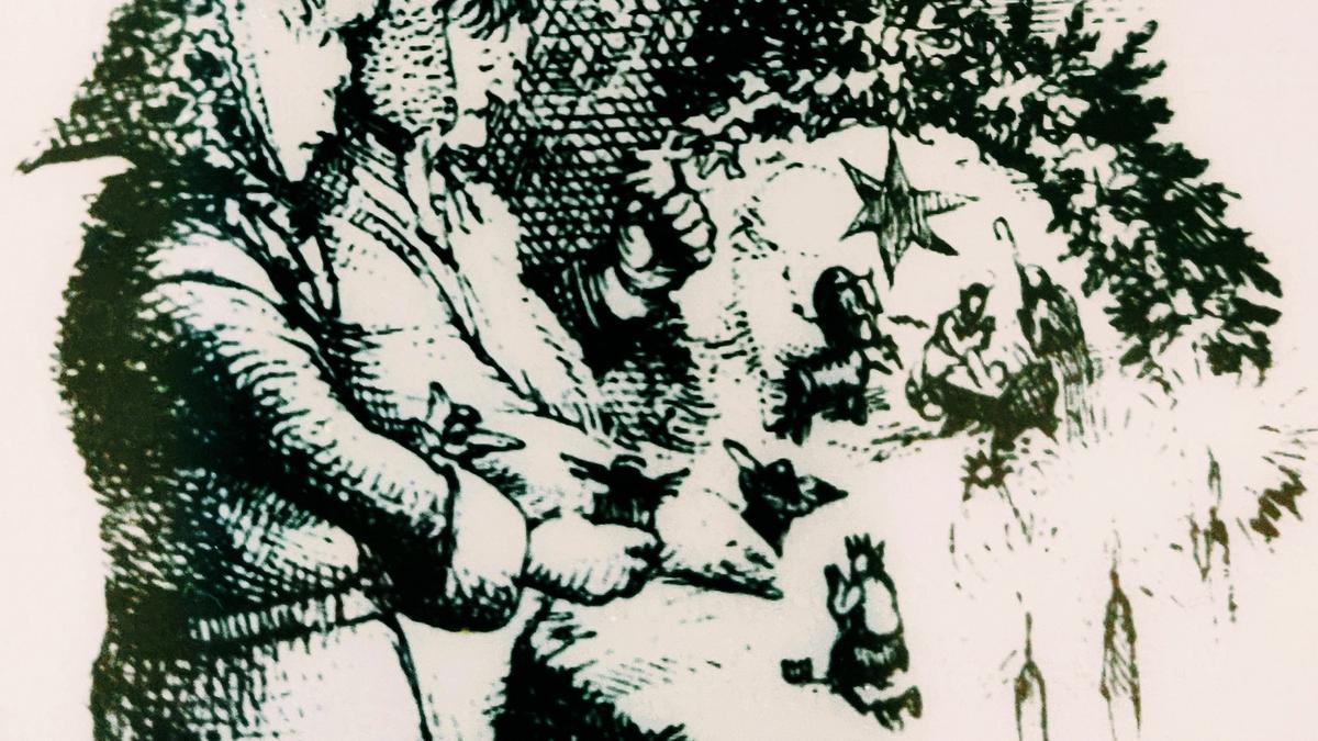 Illustration by J.S. Goodall showing 2 women looking at a Christmas Nativity Scene