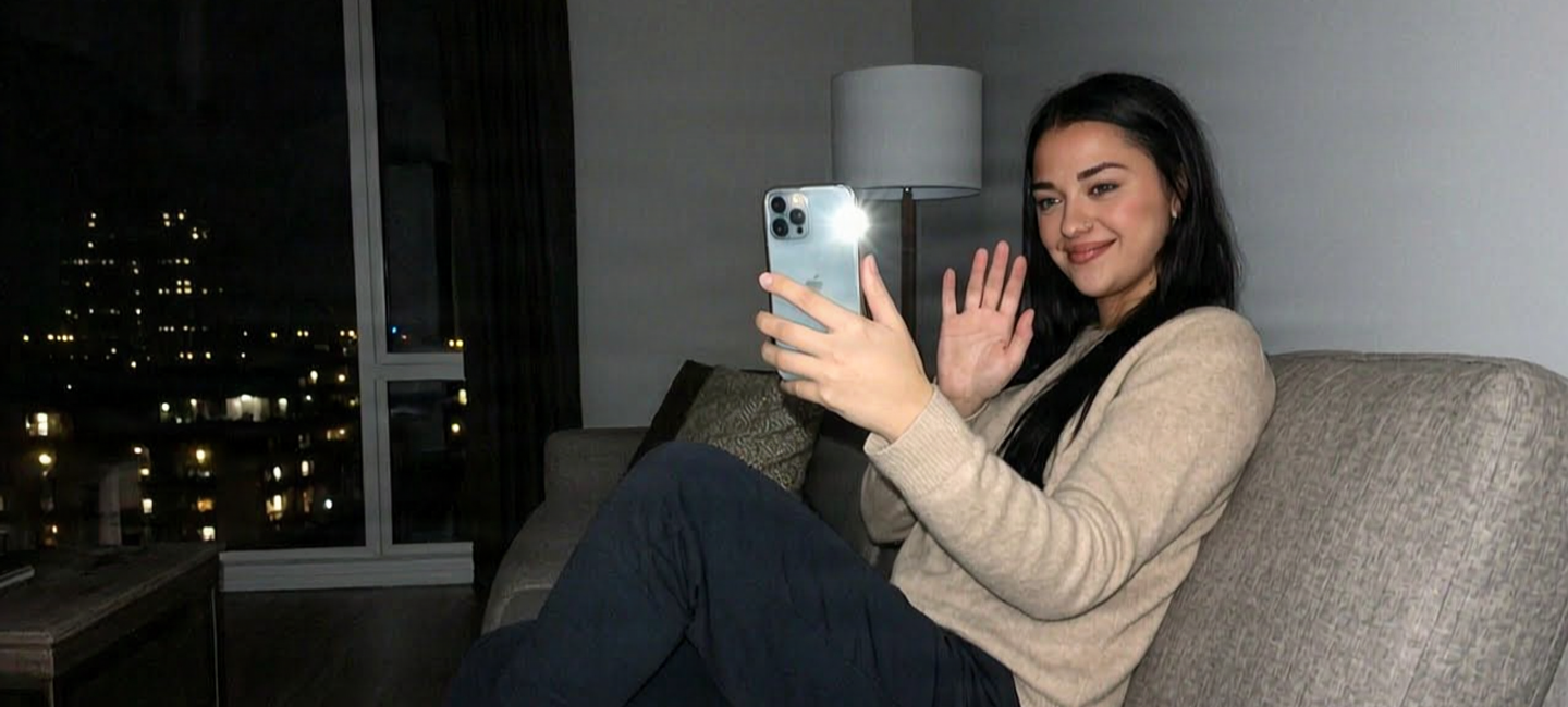 Woman on the sofa at night waving at her phone during a video call