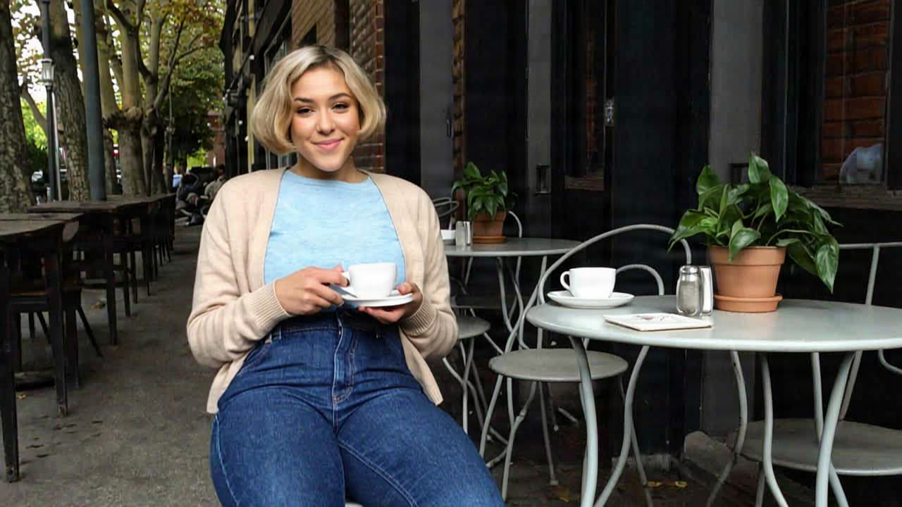 Smiling woman holding a coffee cup at an outdoor cafe