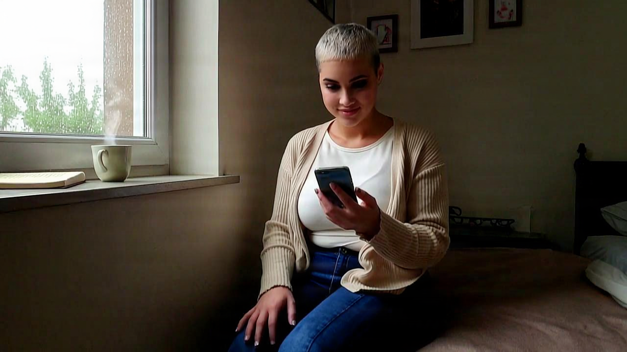 Woman smiling at her phone by a rainy window