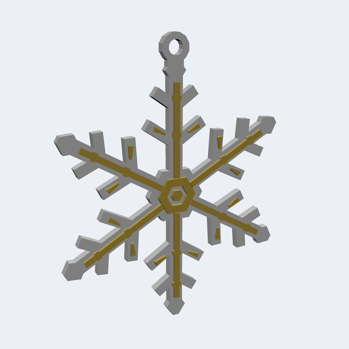 Hex Crystal Flake, a six-arm faceted snowflake ornament with a raised gold layer and a hanging loop