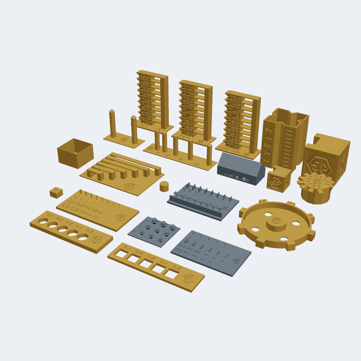 SP Calibration Set: all 19 FDM and 4 resin calibration prints laid out together