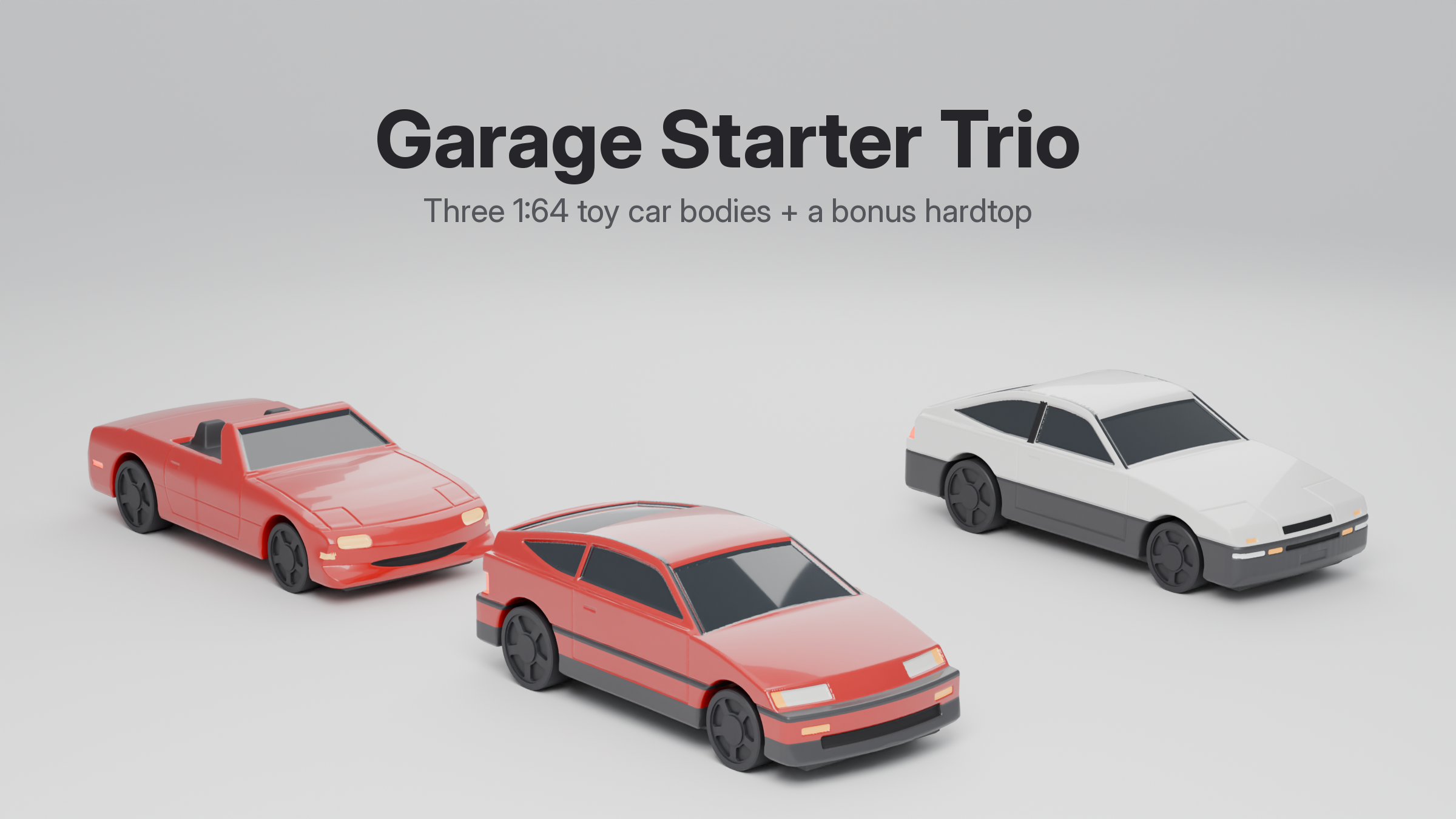 Garage Starter Trio 1:64: the Hatch Coupe in red at the front, the Pocket Roadster in red on the left and the Pop-Up Coupe in white on the right, all on classic 5-spoke wheels
