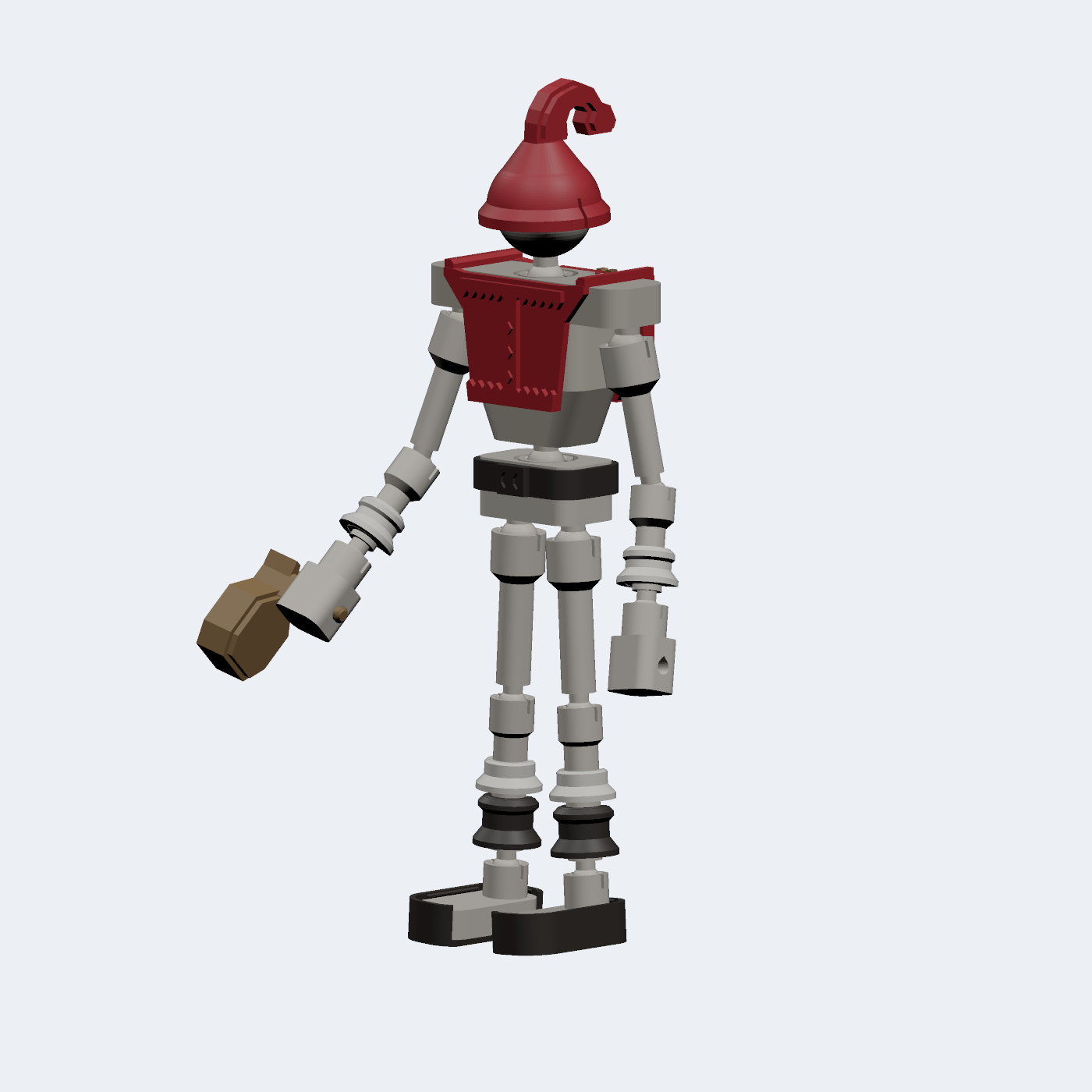 Poseable 6 inch figure in the holiday winter suit, stocking cap and over-shoes, holding the gift sack in a grip-hole hand