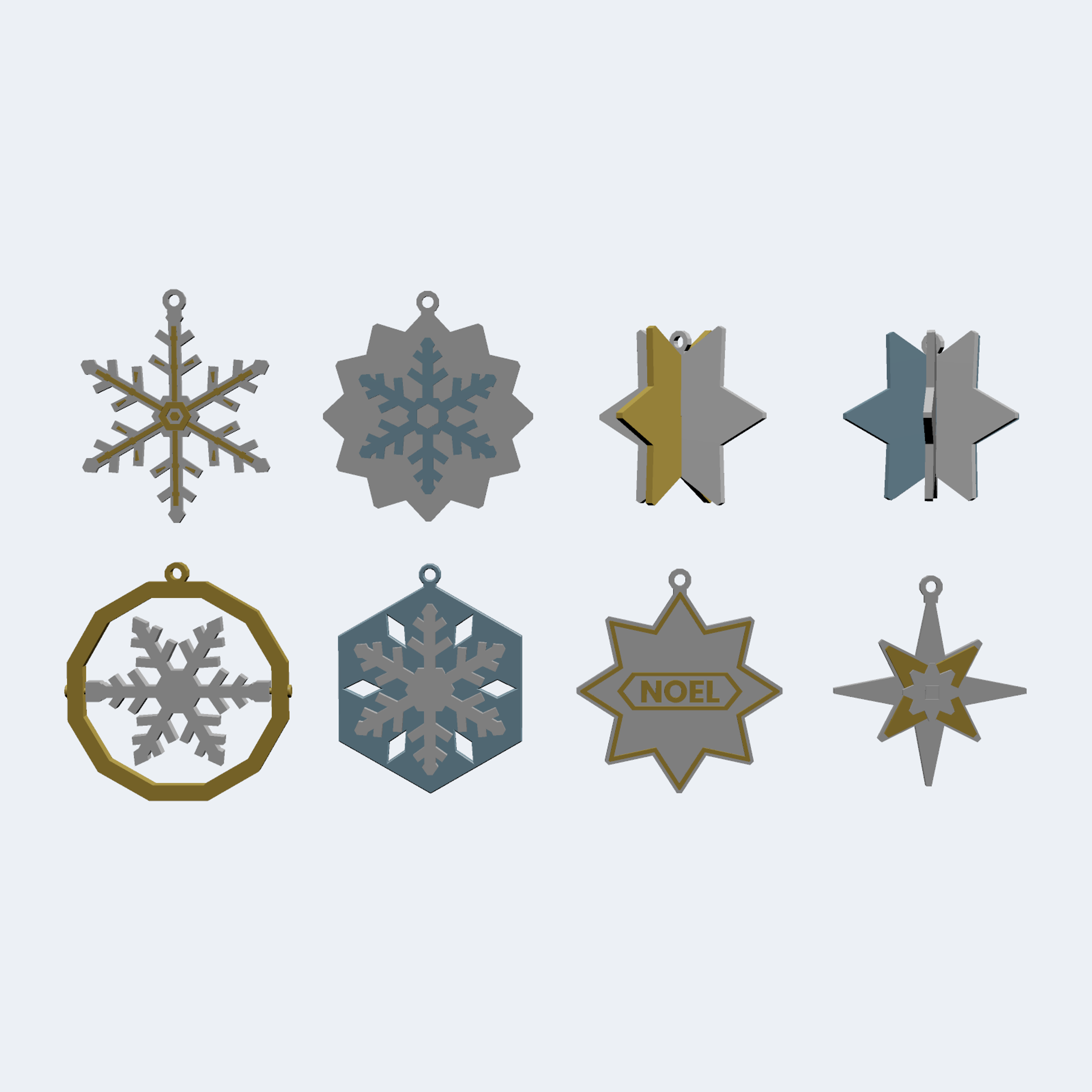 All eight geometric ornaments in a row: snowflakes, slot-together stars, the ring spinner, the snap flake, the name star and the compass star